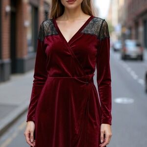 Angie Velvet Wrap Dress with Lace Detail – Burgundy, Size L